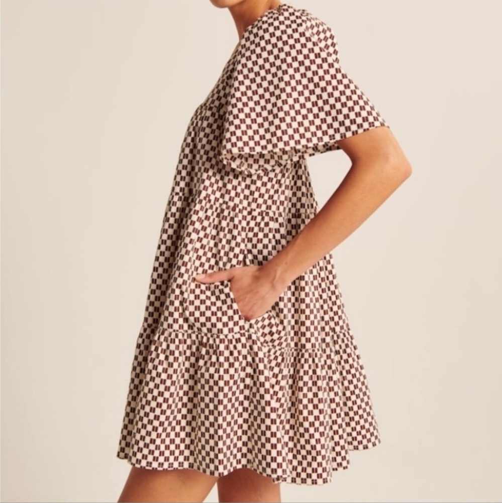 EUC Abercrombie & Fitch Angel Sleeve Trapeze Mini Dress Brown Checkered Size S - Picture 4 of 12
